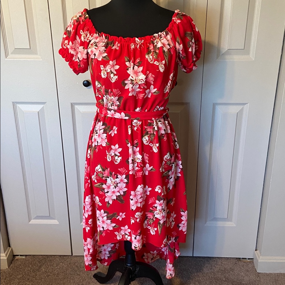 Hot Kiss Off the Shoulder Hi Low Hem Short Sleeved Red Floral Dress Women's Med